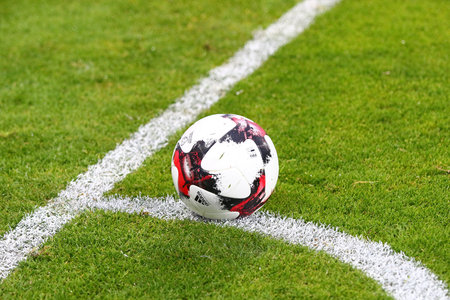 REYKJAVIK, ICELAND - SEPTEMBER 5, 2017: Official match ball of FIFA World Cup 2018 Qualifying matches on the grass during the game Iceland v Ukraine at Laugardalsvollur stadium in Reykjavik, Icelandのeditorial素材