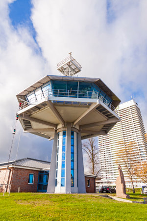 Control tower of the traffic center at the river mouth of the Trave river in Travemuende, Baltic Sea, Germanyのeditorial素材
