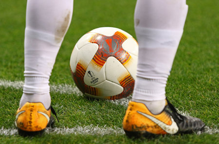 KYIV, UKRAINE - OCTOBER 26, 2017: Official UEFA Europa League 2017/18 season match ball on the grass...