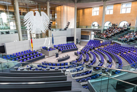 BERLIN, GERMANY - SEPTEMBER 20, 2017: Interior of Plenary Hall (meeting room) of German Parliament (Deutscher Bundestag). Building and Meeting room available for public between plenary sessionsのeditorial素材