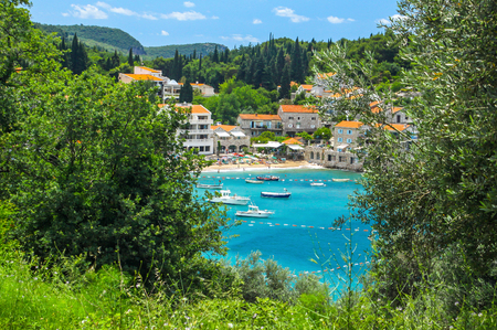 Picturesque summer view of Adriatic seacoast in Budva Riviera. Przno beach, Milocer, Montenegroの写真素材