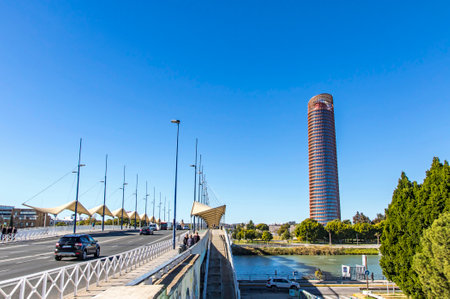 SEVILLE, SPAIN - DECEMBER 16, 2017: City skyline view with Sevilla Tower on the background (Spanish: Torre Sevilla). Office skyscraper in Seville, Spain. Tallest building in Andalusia provinceのeditorial素材