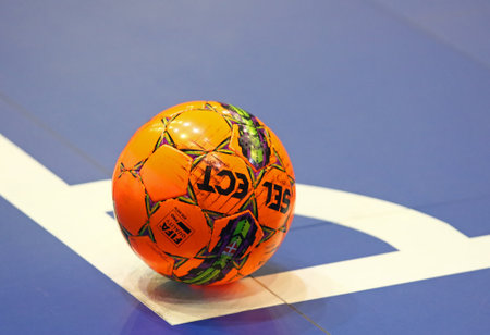 KYIV, UKRAINE - JANUARY 29, 2017: Orange Futsal ball at the corner mark during friendly Futsal match Ukraine v Spain at Palats of Sports in Kyiv, Ukraineのeditorial素材