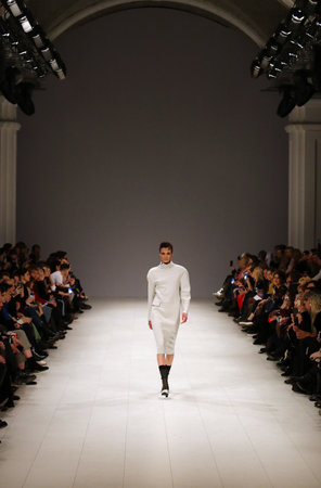 KYIV, UKRAINE - FEBRUARY 3, 2018: Models present a creation by designer Elena BURENINA during 42nd Ukrainian Fashion Week season Fall/Winter 2018/19 at Mystetskyi Arsenal in Kyiv, Ukraineのeditorial素材