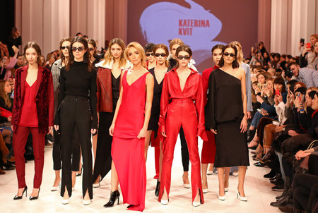 KYIV, UKRAINE - FEBRUARY 5, 2018: Models present a creation by designer Katerina KVIT during 42nd Ukrainian Fashion Week season Fall/Winter 2018/19 at Mystetskyi Arsenal in Kyiv, Ukraineのeditorial素材