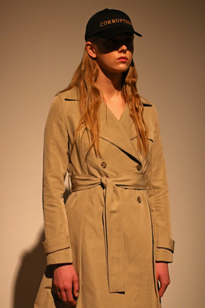 KYIV, UKRAINE - FEBRUARY 5, 2018: Model presents a creation by designer Ksenia Schnaider during 42nd Ukrainian Fashion Week season Fall/Winter 2018/19 at Mystetskyi Arsenal in Kyiv, Ukraineのeditorial素材