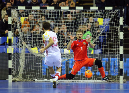KYIV, UKRAINE - JANUARY 28, 2017: Goalkeeper Ievgen Ivanyak of Ukraine in action during friendly Futsal match against Spain at Palats of Sports in Kyiv, Ukraineのeditorial素材