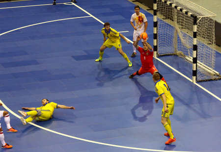 KYIV, UKRAINE - JANUARY 28, 2017: Goalkeeper Ievgen Ivanyak of Ukraine in action during friendly Futsal match against Spain at Palats of Sports in Kyiv, Ukraineのeditorial素材