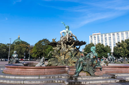 Neptune Fountain, one of the most iconic fountains of Berlin, Germany. Located on Alexanderplatz beside St Maryâs Church and Berlinâs Town Hallのeditorial素材