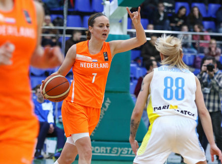 KYIV, UKRAINE - FEBRUARY 14, 2018: Tanya Broring of Netherlands (#7) in action during FIBA Womens EuroBasket 2019 game Ukraine v Netherlands at Palace of Sports in Kyiv. Ukraine won 84-49のeditorial素材