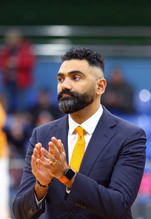 KYIV, UKRAINE - FEBRUARY 14, 2018: Hakim Salem, Head coach of National Team of Netherlands, during FIBA Womens EuroBasket 2019 game Ukraine v Netherlands at Palace of Sports in Kyivのeditorial素材