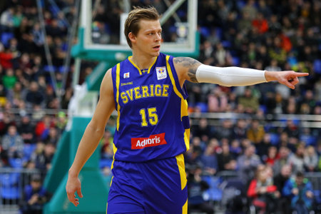 KYIV, UKRAINE - FEBRUARY 26, 2018: Viktor GADDEFORS of Sweden in action during FIBA World Cup 2019 European Qualifiers game against Ukraine at Palace of Sports in Kyiv. Ukraine won 77-66のeditorial素材