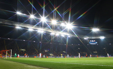 KHARKIV, UKRAINE - FEBRUARY 21, 2018: Panoramic view of OSK Metalist stadium in Kharkiv during UEFA Champions League Round of 16 game Shakhtar v Romaのeditorial素材