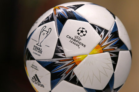 KHARKIV, UKRAINE - FEBRUARY 21, 2018: Close-up official match ball of UEFA Champions League Final 2017/18 before Champions League Round of 16 game Shakhtar v Roma at OSK Metalist stadiumのeditorial素材