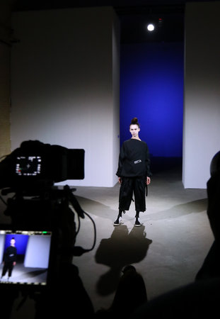 KYIV, UKRAINE - FEBRUARY 3, 2018: Model presents a creation by Dastish Fantastish during 42nd Ukrainian Fashion Week season Fall/Winter 2018/19 at Mystetskyi Arsenal in Kyiv, Ukraineのeditorial素材
