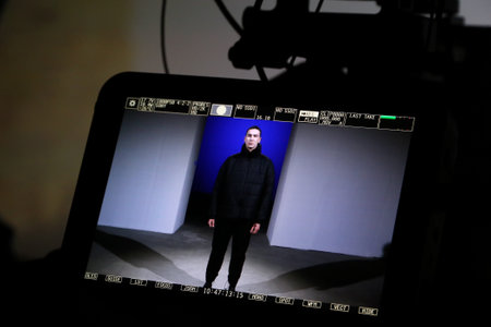 KYIV, UKRAINE - FEBRUARY 3, 2018: Televison Camera Broadcasting a Fashion show by Dastish Fantastish as part of 42nd Ukrainian Fashion Week season Fall/Winter 2018/19 at Mystetskyi Arsenal in Kyivのeditorial素材