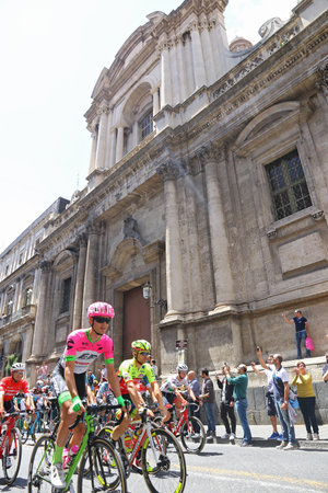 CATANIA, ITALY - MAY 8, 2018: Cyclists ride on Via Etnea street in Catania during 4th stage of Giro d'Italia 2018. The Winner of the Stage is Tim WELLENS of Belgium, Team LOTTO SOUDALのeditorial素材