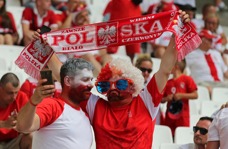 MARSEILLE, FRANCE - JUNE 21, 2016: Polish fans show their support during the UEFA EURO 2016 game Ukraine v Poland at Stade Velodrome in Marseille. Poland won 1-0のeditorial素材