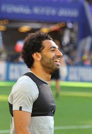 KYIV, UKRAINE - MAY 25, 2018: Mohamed Salah of Liverpool smiles during training session before UEFA Champions League Final 2018 game against Real Madrid at NSC Olimpiyskiy Stadium in Kyiv, Ukraineのeditorial素材