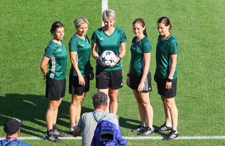 KYIV, UKRAINE - MAY 23, 2018: Referee Jana Adamkova (CZE) and her assistants pose for a group photo during training session before UEFA Womenâs Champions League Final 2018 game Wolfsburg v Lyonのeditorial素材