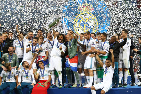 KYIV, UKRAINE - MAY 26, 2018: Real Madrid players celebrate their winning of the UEFA Champions League 2018 after the final game against Liverpool at NSC Olimpiyskiy Stadium in Kyiv, Ukraineのeditorial素材