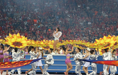 KYIV, UKRAINE - MAY 26, 2018: Superstar Dua Lipa's spectacular performance during the 2018 UEFA Champions League final opening ceremony presented by Pepsi at NSC Olimpiyskiy Stadium in Kyivのeditorial素材