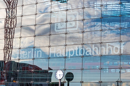 BERLIN, GERMANY - SEPTEMBER 20, 2017: Close-up facade view of Berlin Central Railway Station (Berlin Hauptbahnhof, Berlin Hbf), Germany. Station opened in May 2006, now has a daily traffic around 300000 passengersのeditorial素材