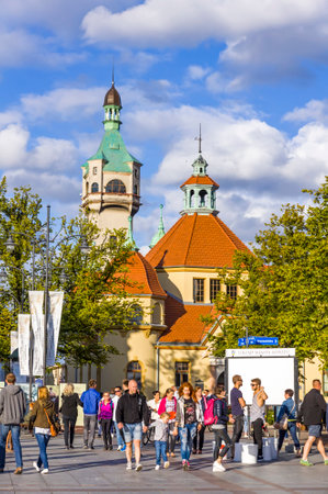 SOPOT, POLAND - JULY 31, 2015: Historic Building of Balneology Institute and old Lighthouse (on the left) in Sopot city, Polandのeditorial素材
