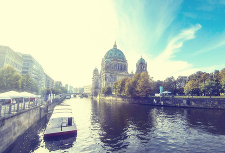 Foggy morning view of Berlin Cathedral (Berliner Dom) and Spree River in Berlin city, Germanyの写真素材