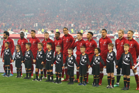 KYIV, UKRAINE - MAY 26, 2018: Liverpool players listen to Champions League Anthem before the UEFA Champions League Final 2018 game against Real Madrid at NSC Olimpiyskiy Stadium in Kyiv, Ukraineのeditorial素材