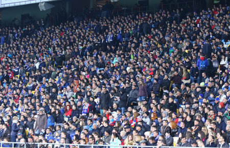 KYIV, UKRAINE - APRIL 21, 2017: Crowded tribunes of NSC Olimpiyskyi stadium in Kyiv during the Ukrainian Premier League game FC Dynamo Kyiv vs Shakhtar Donetskのeditorial素材
