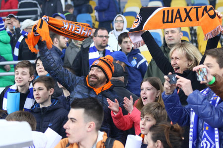 KYIV, UKRAINE - APRIL 21, 2017: Shakhtar Donetsk supporters show their support during the Ukrainian Premier League game against FC Dynamo Kyiv at NSC Olimpiyskyi stadium in Kyiv, Ukraineのeditorial素材