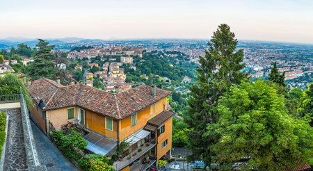 Panoramic summer view of Bergamo city, Lombardy, Italy. View to Old Town (Citta Alta) from Funicolare S.Vigilio upper stationのeditorial素材