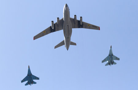 KYIV, UKRAINE - AUGUST 24, 2018: Ukrainian military planes fly over the Independence Square in Kyiv...