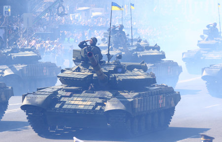 KYIV, UKRAINE - AUGUST 24, 2018: Ukrainian tank T-64 drives on Khreschatyk street in center of Kyiv city during the military parade, dedicated to the 27th Independence Day of Ukraineのeditorial素材