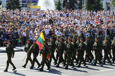KYIV, UKRAINE - AUGUST 24, 2018: Lithuania army soldiers marches during the military parade on Independence Square in Kyiv. Ukraine celebrates 27th anniversary of Independenceのeditorial素材