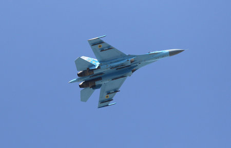 KYIV, UKRAINE - AUGUST 24, 2018: Ukrainian military planes fly over the Independence Square in Kyiv...