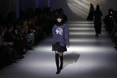 KYIV, UKRAINE - FEBRUARY 5, 2017: Models walk runway at SEREBROVA Autumn/Winter 2017/18 presentation during 40th Ukrainian Fashion Week at Mystetskyi Arsenal in Kyiv, Ukraineのeditorial素材