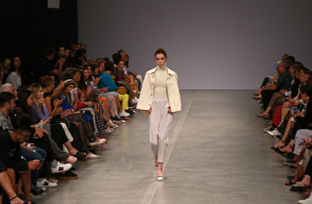 KYIV, UKRAINE - SEPTEMBER 1, 2018: Model presents a creation by designer ELENA BURENINA during Ukrainian Fashion Week Spring/Summer 2019 at Mystetskyi Arsenal in Kyiv, Ukraineのeditorial素材