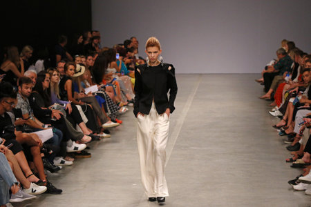 KYIV, UKRAINE - SEPTEMBER 1, 2018: Model presents a creation by designer ELENA BURENINA during Ukrainian Fashion Week Spring/Summer 2019 at Mystetskyi Arsenal in Kyiv, Ukraineのeditorial素材