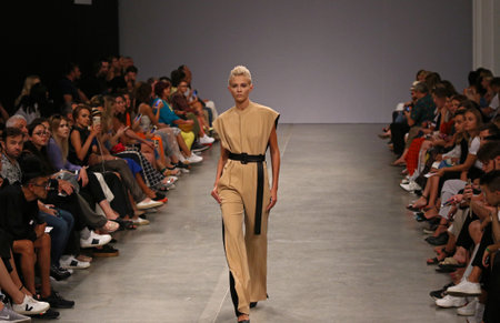KYIV, UKRAINE - SEPTEMBER 1, 2018: Model presents a creation by designer ELENA BURENINA during Ukrainian Fashion Week Spring/Summer 2019 at Mystetskyi Arsenal in Kyiv, Ukraineのeditorial素材