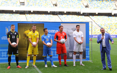 KYIV, UKRAINE - SEPTEMBER 4, 2018: Ukrainian players present the New JOMA jerseys of the National Football Team of Ukraine at NSC Olimpiyskyi in Kyiv, Ukraineのeditorial素材
