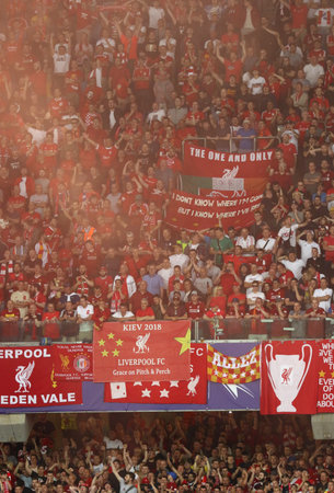 KYIV, UKRAINE - MAY 26, 2018: Tribunes of NSC Olimpiyskiy Stadium in Kyiv crowded with Liverpool supporters during the UEFA Champions League Final 2018 game against Real Madridのeditorial素材