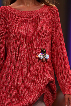 KYIV, UKRAINE - SEPTEMBER 3, 2018: Close-up details of creation by designer T.MOSCA during Ukrainian Fashion Week Spring/Summer 2019 at Mystetskyi Arsenal in Kyiv, Ukraineのeditorial素材