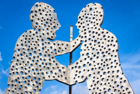 BERLIN, GERMANY - FEB 25, 2015: Details of Molecule Man sculpture on Spree River in Berlin. Designed by Jonathan Borofsky, dedicated to the unity of 3 districts: Friedrichshain, Kreuzberg and Treptowのeditorial素材