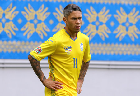 LVIV, UKRAINE - SEPTEMBER 9, 2018: Portrait of Ukrainian midfielder Marlos during the UEFA Nations League game against Slovakia at Arena Lviv stadium in Lviv. Ukraine won 1-0のeditorial素材