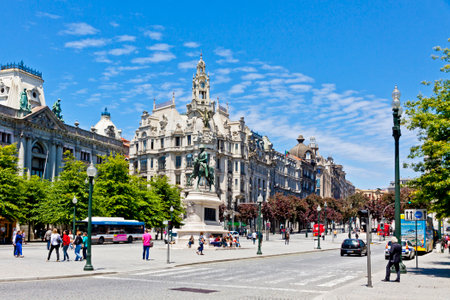 PORTO, PORTUGAL - JUNE 20, 2013: Liberty Square (Praca da Liberdade) in Porto city, Portugal. Equestrian statue of Dom Pedro IV (Estatua Equestre de Dom Pedro IV) on the foregroundのeditorial素材