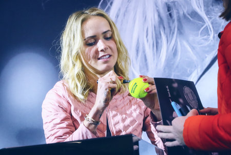 KYIV, UKRAINE - NOVEMBER 9, 2018: Ukrainian tennis player Elina Svitolina signing her autograph as she attends a meeting with her fans during an autograph session in Kyiv. Elina Svitolina - first Ukrainian player, who won the WTA Finalsのeditorial素材