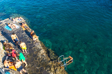 Santa Margherita Ligure, Italy - June 28, 2016: Fiore Beach (Italian: Bagni Fiore), small beach in the Bay of Paraggi, in Santa Margherita Ligure, Italyのeditorial素材