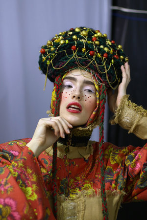 KYIV, UKRAINE - FEBRUARY 5, 2019: Model poses at the backstage before fashion show by designer YANIS STEPANENKO during the Ukrainian Fashion Week season FW19-20 at Mystetskyi Arsenal in Kyivのeditorial素材